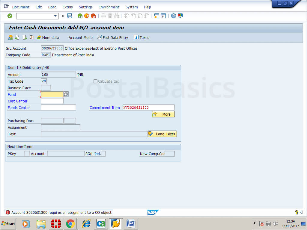 Cash conveyance or Office Expense in SAP Module of Post Office